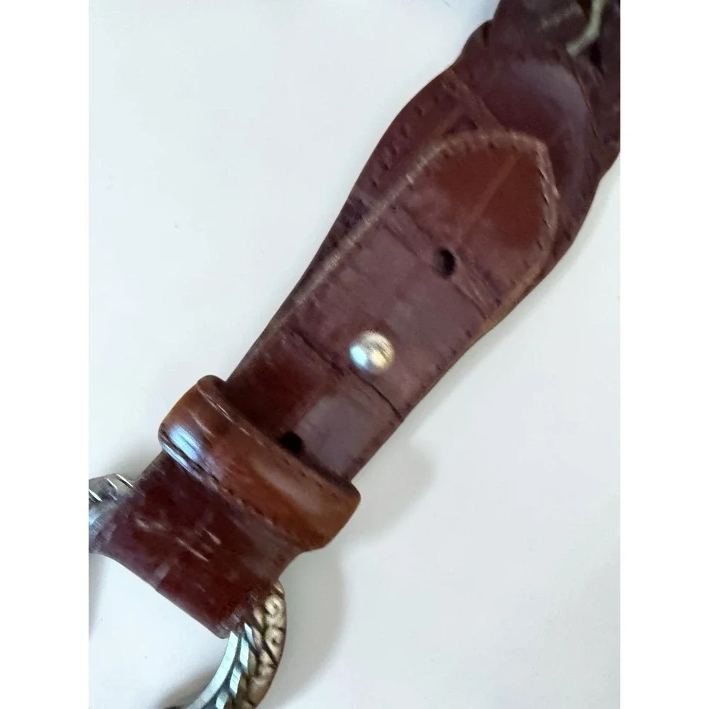 Lands End Belt Vintage Double Strap Brown Leather Woven Silver Toggle Size 26